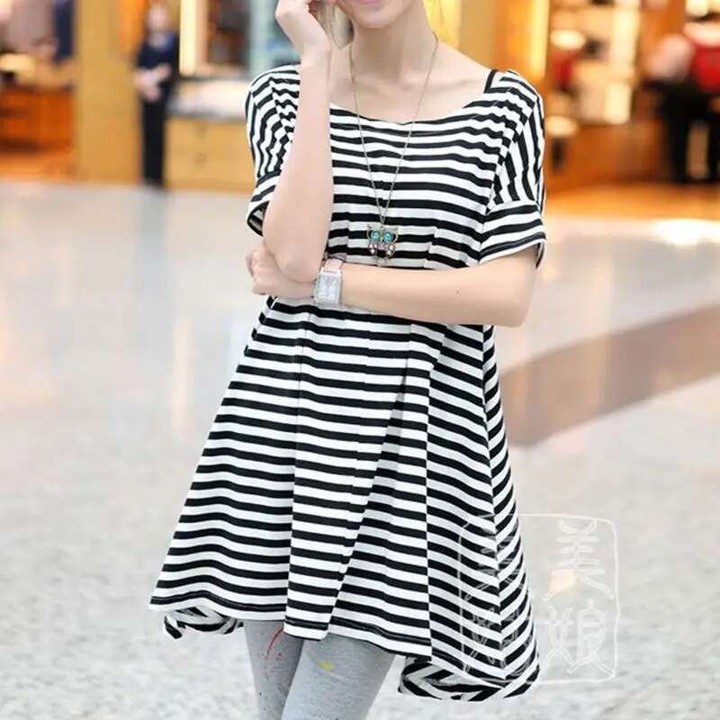 Black White Striped T-Shirt Women In Spring And Summer New Short-Sleeved Chiffon Loose Top Round Neck Pullover Mid-Length