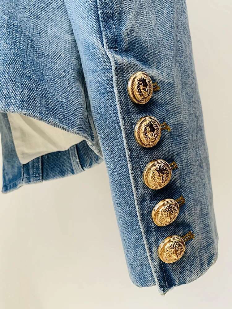 HIGH Quality 2025 Newest Designer Jacket Women's Slim Fitting Double Breasted Lion Buttons Denim Blazer