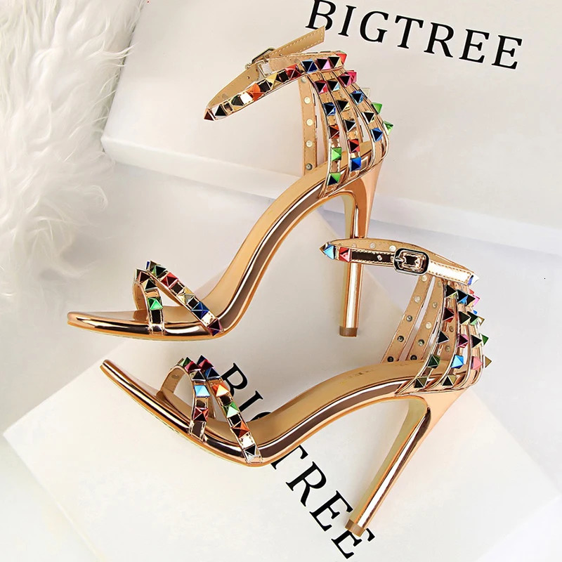 BIGTREE Shoes Color Rivets Women Sandals Roman Style Heeled Sandals Hollow Out High Heels Stiletto Sexy Party Shoes Sandals 250306
