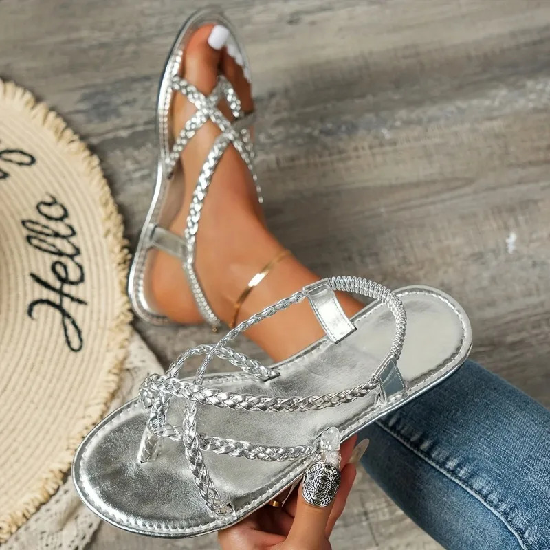 Womens Braided Flat Sandals Casual Clip Toe Summer Shoes Lightweight Elastic Band Sandals Gold Silver Footwear 250306