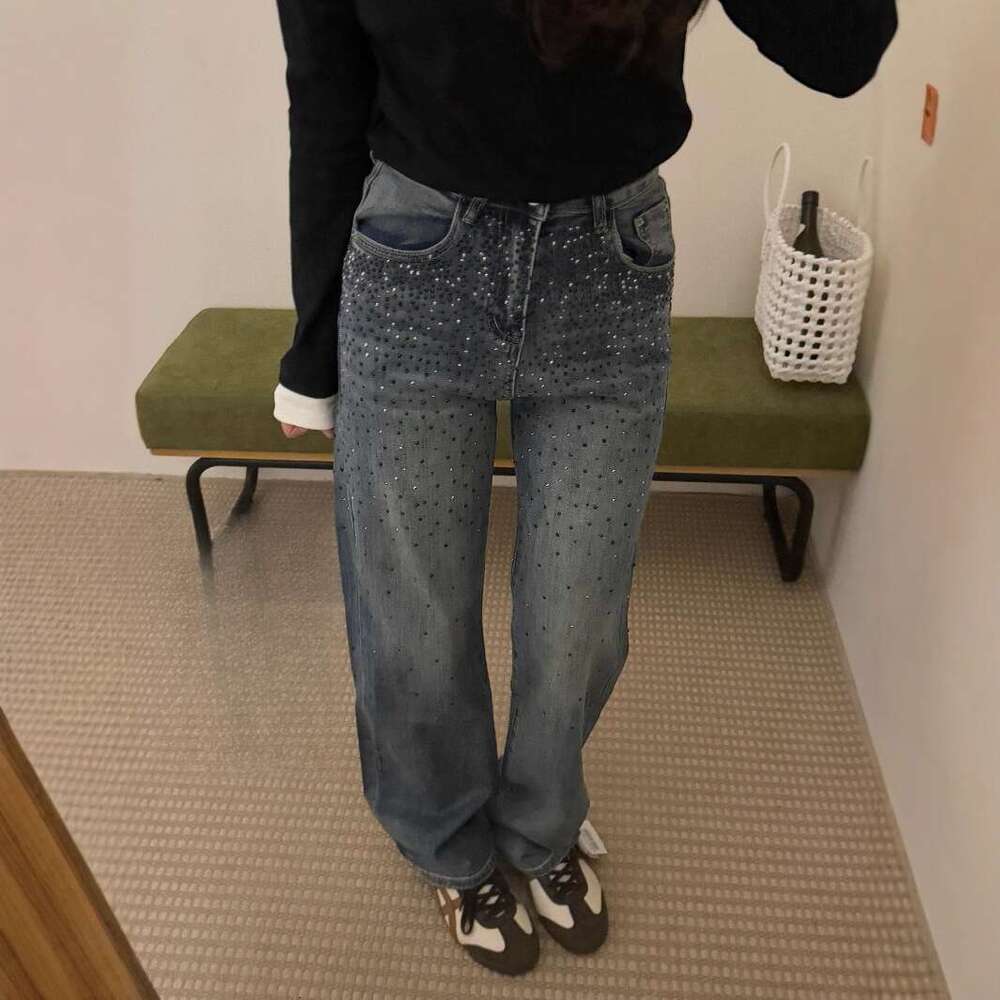 Early Spring New Heavy Industry Starry Sky Hot Dia Jeans For Girls, High Waist And Slim Straight Leg Pants, Or Dragging