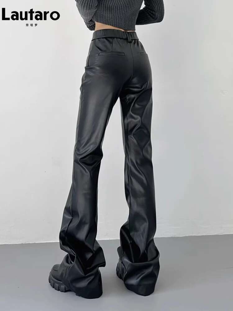 Lautaro Spring Autumn Cool Casual Soft Black Pu Leather Or Length Flare Pants For Women High Waist Korean Style Fashion 2023
