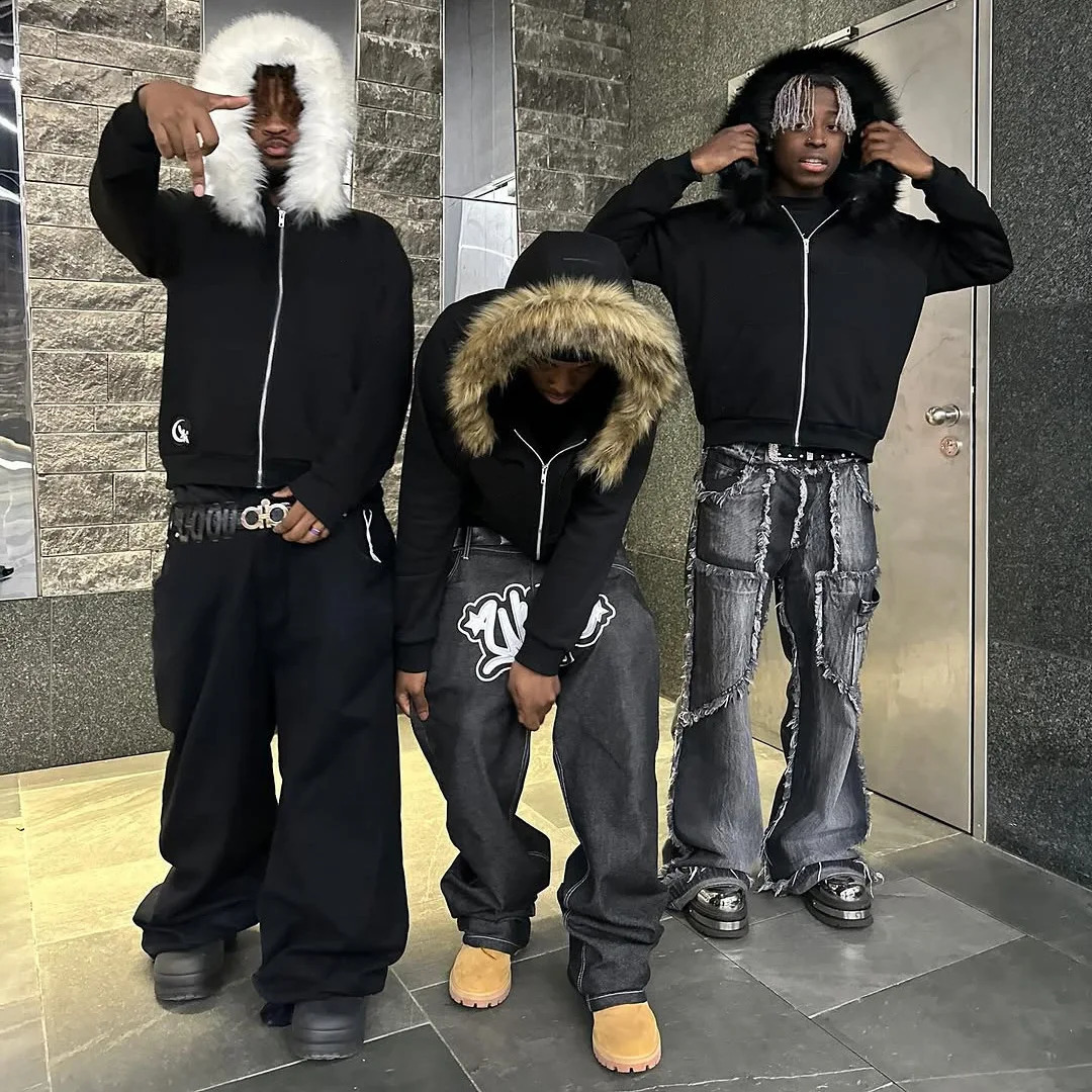 2000s Fur collar hat autumn winter Punk solid color Harajuku Zip up hoodie Oversized Jacket Hiphop rock Unisex retro zipper Coat 250305