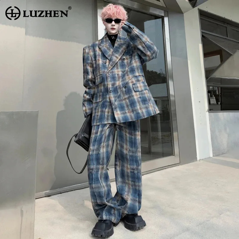LUZHEN Spring Original Street Casual Two-piece Sets Mens Niche Plaid Printed Blazer Loose Straight Pants LZ8314 250303
