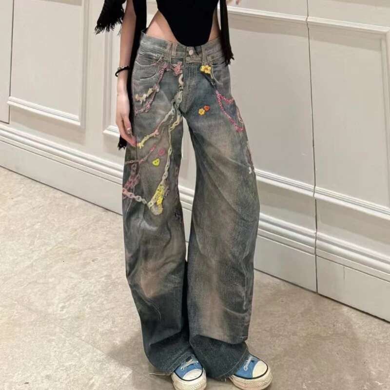Women's Jeans, Loose Chain Printed Wide Leg Pants, Fashion Versatile High Quality Trousers, Spring, New, 2025, Y2k
