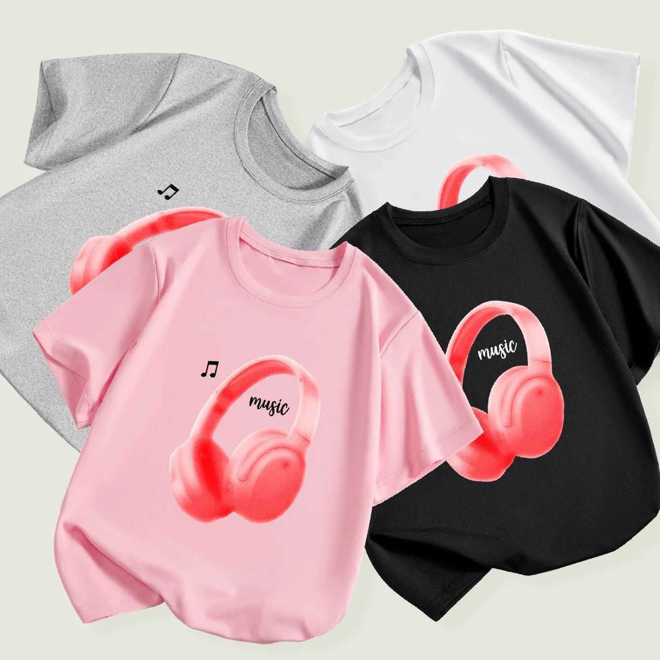 Ring Summer Casual Short-sleeved T-shirt Music Earphones Printed Round Neck Comfortable Childrens Clothing Girl Boys ClothesT250306