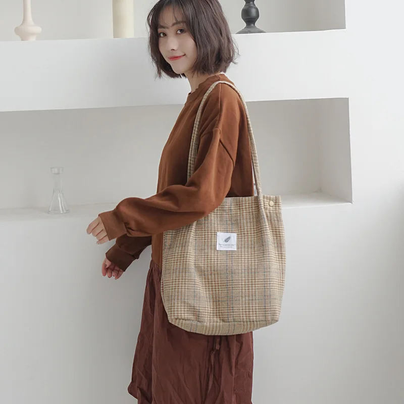 Women Woolen Canvas Shoulder Bag Cotton Cloth Handbags Checked Pattern Tote Soft Fabric Large Capacity Shopping Bags For Ladies 250306
