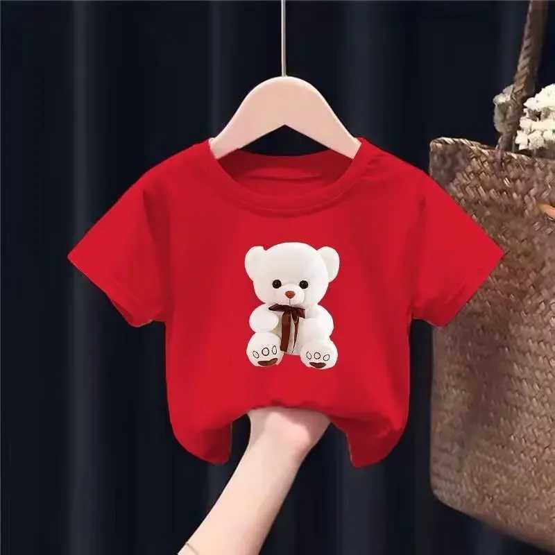 Cartoon Little White Bear Printed Round Neck T-shirt Short Sleeve Casual Boys and Girls New Trend Childrens Clothing TopT250306