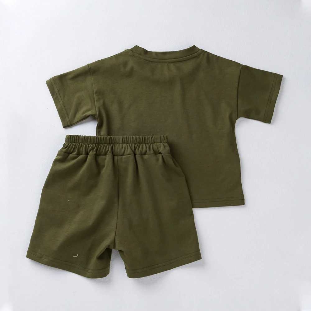 2024 Summer Kids Solid Clothes Sets Short Sleeve + Elastic Waist Shorts Cotton Outfits Toddler Girls Boys TracksuitsT250306