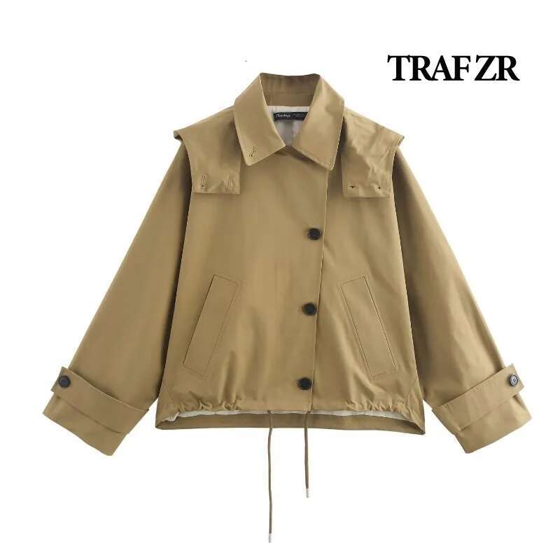 TRAF ZR Khaki Hooded Windbreakers Women's Autumn Coat New In Outerwears England Style Vintage Cropped Trench
