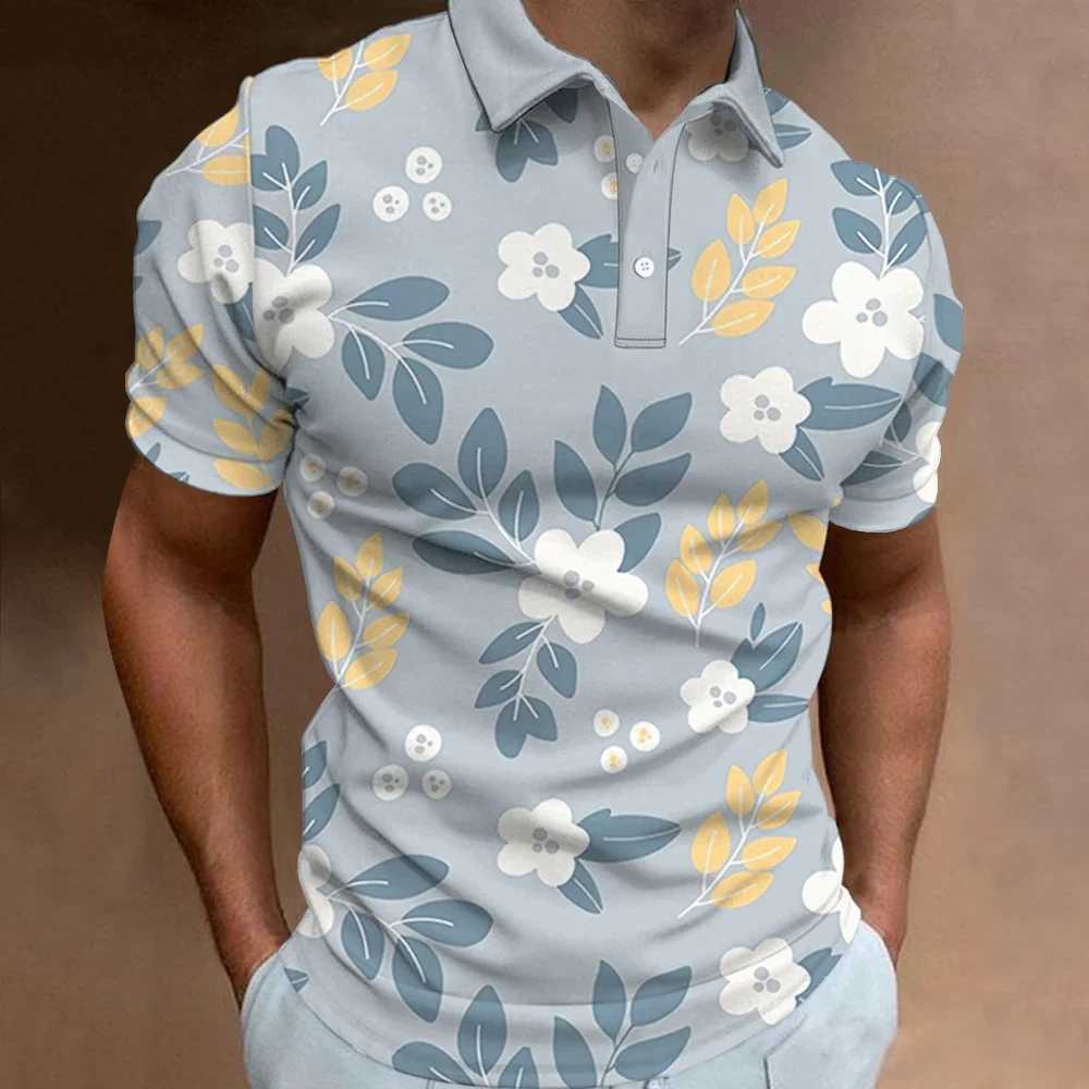 Mens Polo Shirt Summer Street Casual Short Sleeve Flower Print Buttons Tops Fashion Pullover Oversized Clothing Male Wear X250306