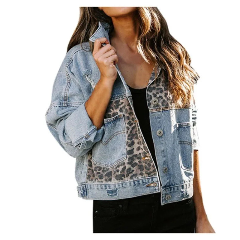 Leopard Stitching Denim Jacket Women Coat Fashion Female Outerwears Long Sleeve Lapel Button Down Chest Pocket Tops 250306