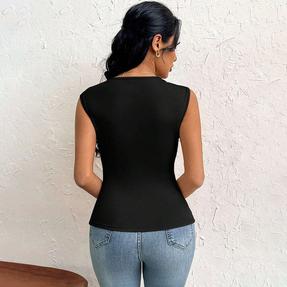 Women's Elegant T-Shirt 2025 Spring/Summer New Style Slant Neck Slimming Short Solid Color Top KLMY