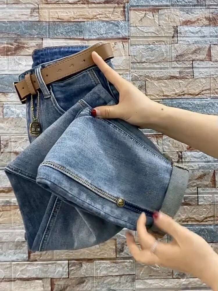 2023 NEW Spring Autumn High Waist Straight Loose Fit Stretch Haren Denim Ladies Ankle-Length Jeans Pants
