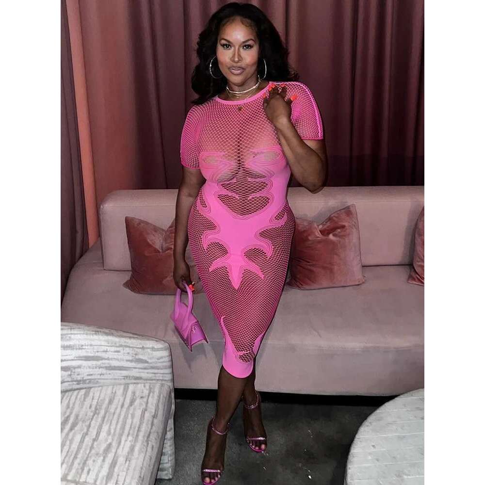 Sibybo See Through High Stretch Long Dress For Women Fashion O Neck Short Sleeve Slim Bodycon Robes Sexy Club Party Dresses KLMY