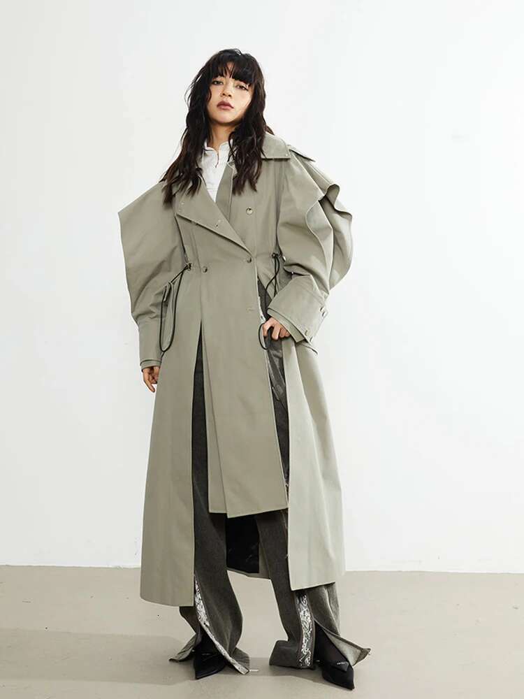 Plusizeshe Spring Autumn Long Elegant Chic Trench Coat For Women With Drawstring Waist Double Breasted Designer Clothes