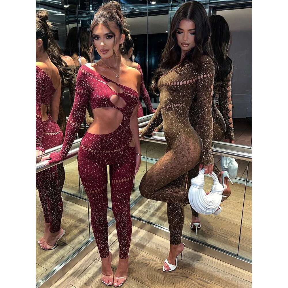 Sibybo Sexy Single Rotator Cuff Hollow Out High Elastic Jumpsuit Luminous Rhies Solid Color Trousers Spicy Girl Streetwear KLMY