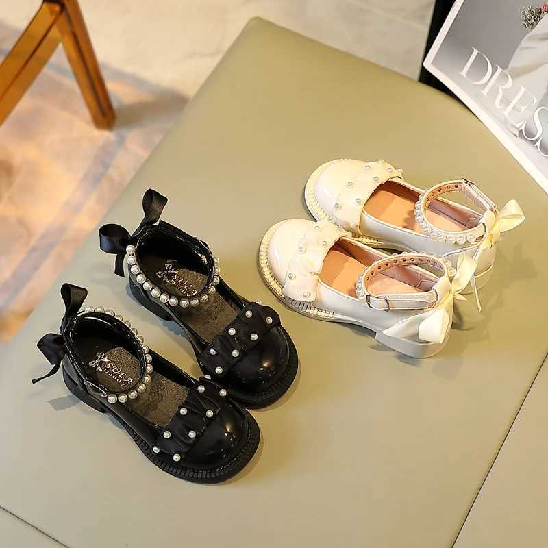 Children Mary Janes Back Riband Ankle Strap Sweet Girls Leather Shoes Round Toe Beading Lovely 26-36 Fashion Kids Autumn ShoesT250306