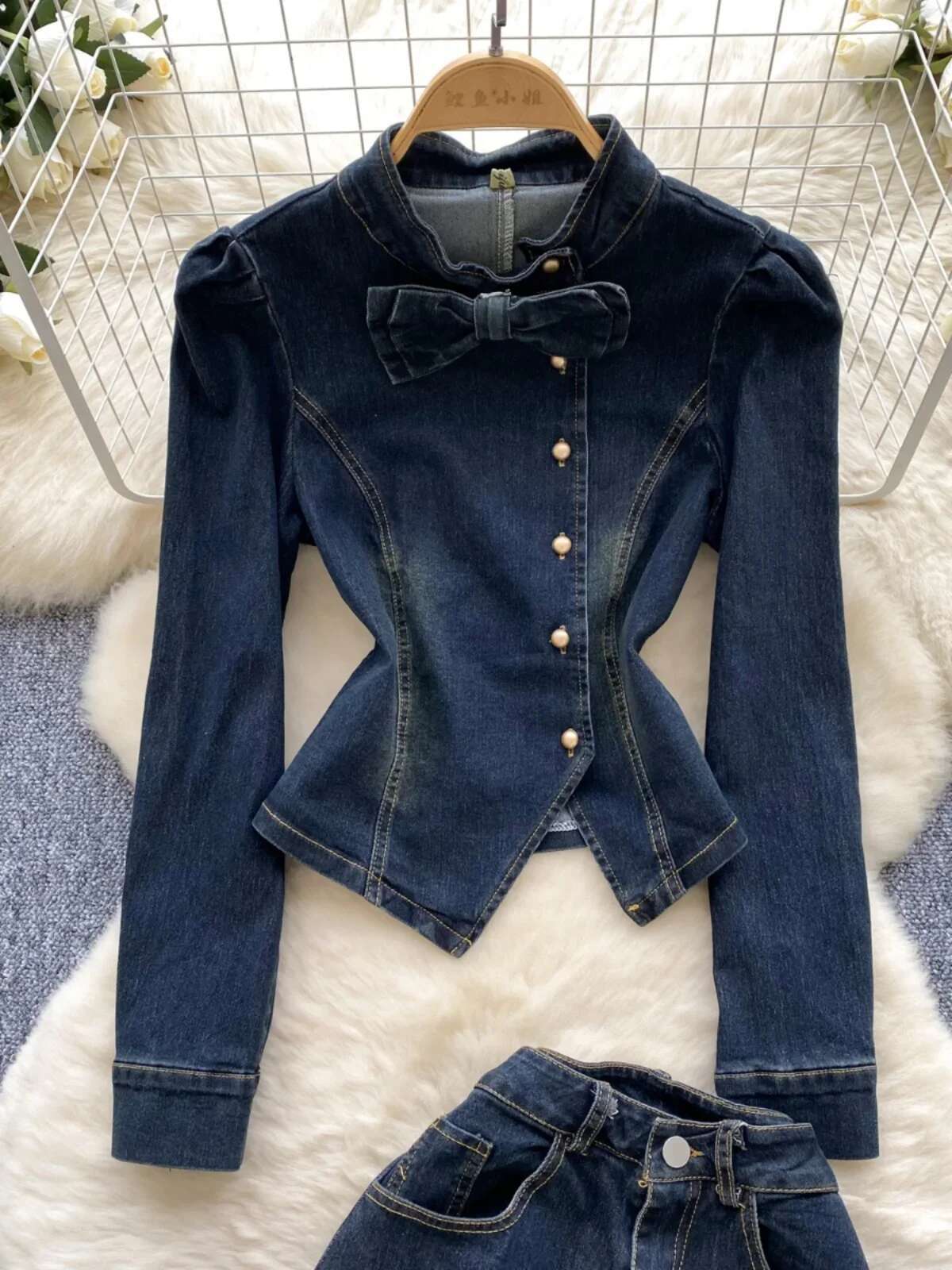 Spring Woman 2025 Sets Long Sleeve Bow Single Breasted Jacket + High Waist Straight Wide Leg Jeans New Denim Suit