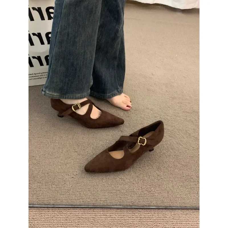 Pointed Toe Wen Mid H Shoes Suede Shallow Sandals Wan Trend Elegant Party Pumps Shoes Dress New Brand Womens Shoes Y250306