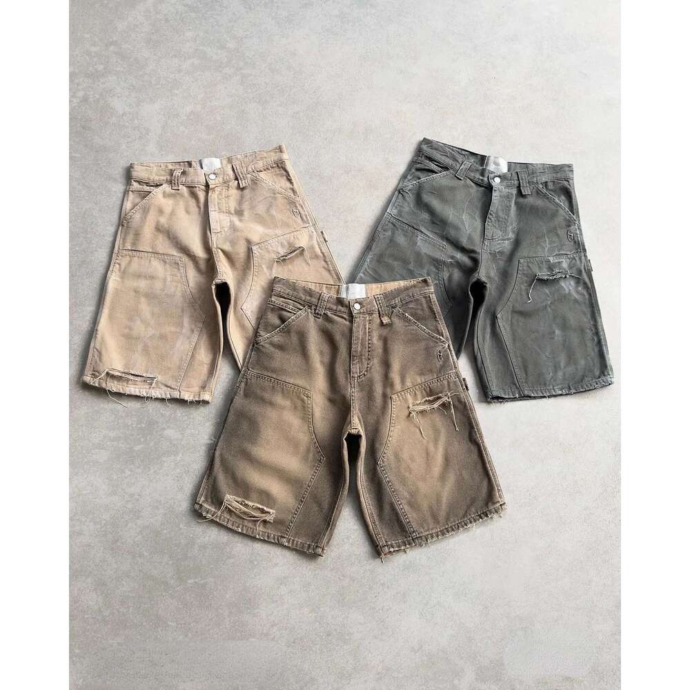 Summer Hip Hop Punk Wash Denim Men Y2k Vintage Ripped Hole Baggy Work Haruku Jorts Basketball Shorts Streetwear
