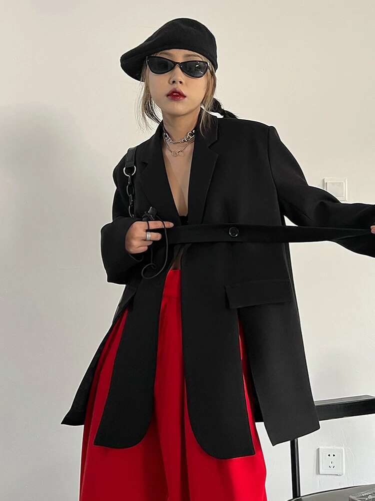 EAM Gary Bandage Slit Casual Blazer Women New Lapel Long Sleeve Loose Fit Jacket Fashion Tide Spring Autumn 2025 30A1760