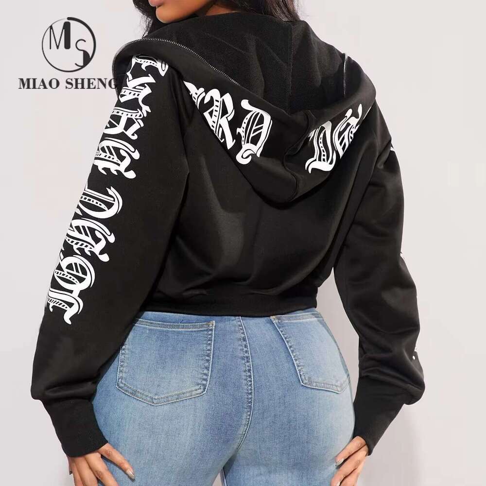 Custom Hot Sale Women's Letter Print Zip Up Hoodie Fashion Regular Fit Sweatshirt With Pocket