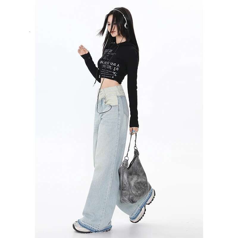 2024 Autumn Baggy Wide Leg Women Quality High Waisted Denim Pants Light Blue Korean Retro Fashion Fake Two Pieces Jeans