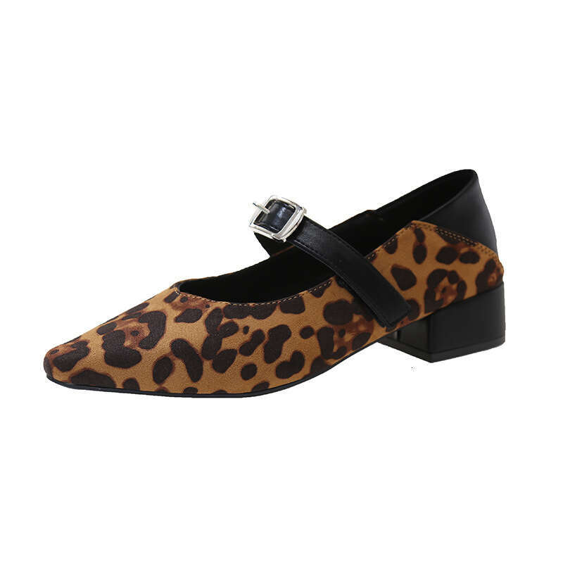 Temperament leopard print single shoe 2025 spring new low heel shallow mouth pointed straight buckle belt Mary Jane women's shoes