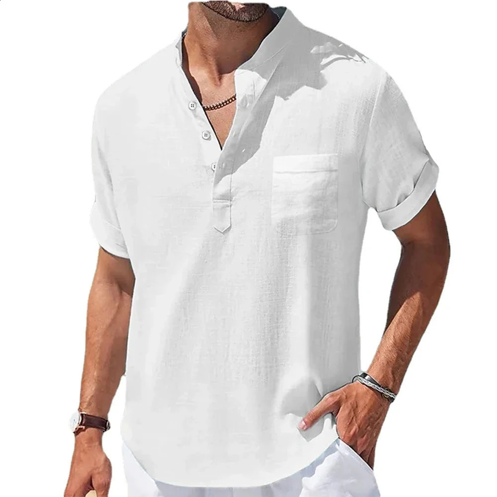 Mens Casual Stand Up Collar Summer Solid Color Short Sleeve Linen Shirt Trendy Breathable Loose Youth Basic Pocket Tops 250227Z