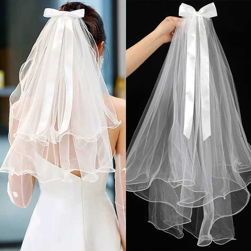 White Tle Bow Veil Hairpin Pearls Wedding Bachelorette Hen Party Elegant Bridal Veil Hair Clip Gifts Wen Hair Accessories X250306