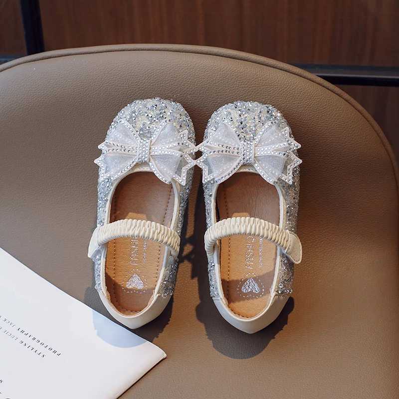 Girls Princess Shoes Pink Beige Crystal Glimmer Kids Flat Shoes Autumn Luxury Party Beautiful Hook-loop 23-35 Children ShoesT250306