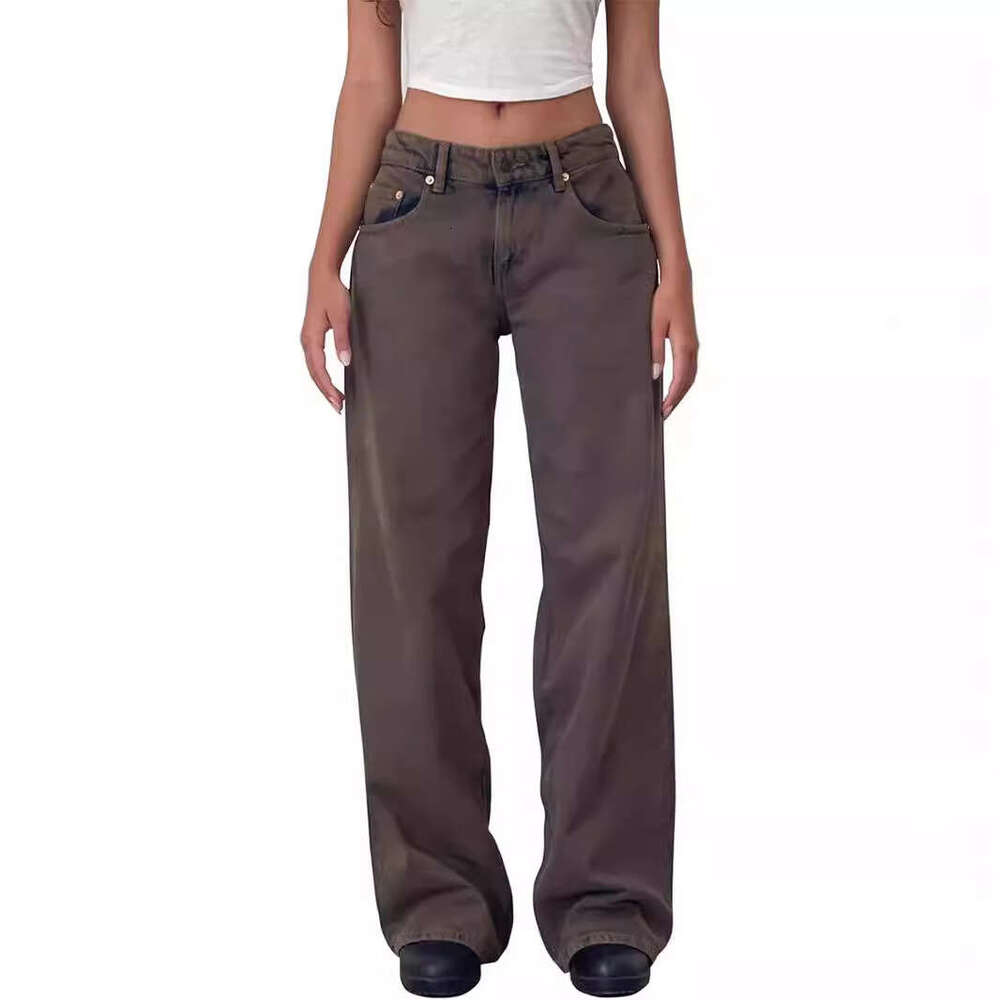 American retro low rise non elastic washed straight jeans autumn, new street wide leg denim pants for women in 2025, with a unique and elegant tempera