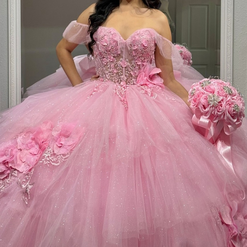 Pink Shiny Quinceanera Dresses Ball Gown Off Shoulder Applique Flower Bow Beading Tull Corset Sweet 16 Dress Vestidos 15 De Anos
