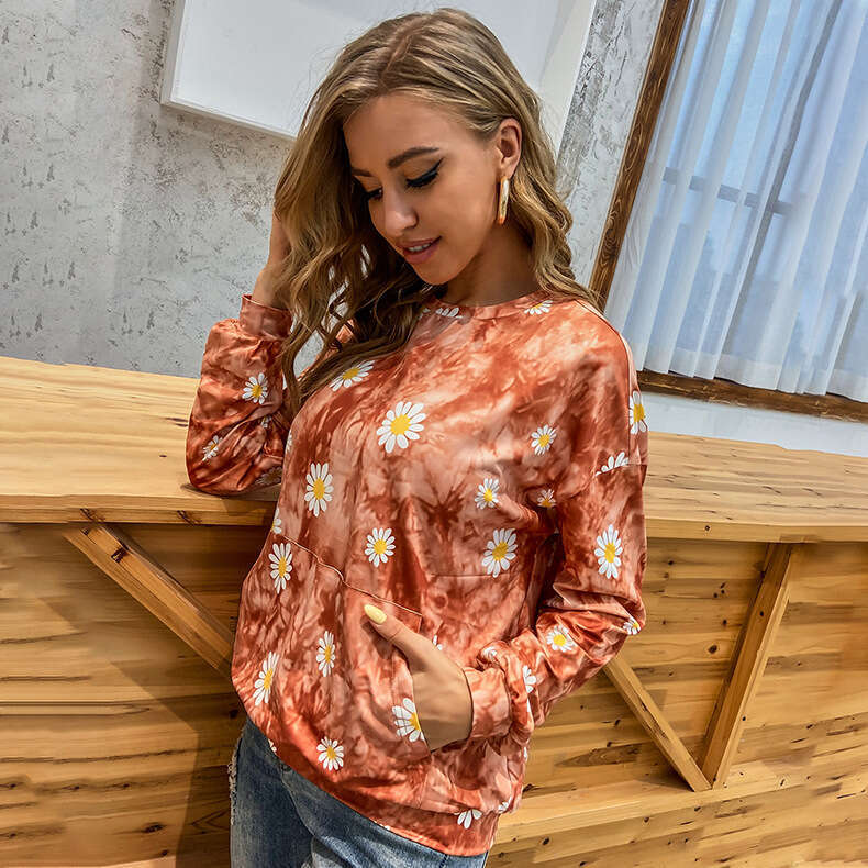 Autumn New Daisy Ins Casual Loose Long Sleeved Tie Dye Texture Hoodie For Women KLMY
