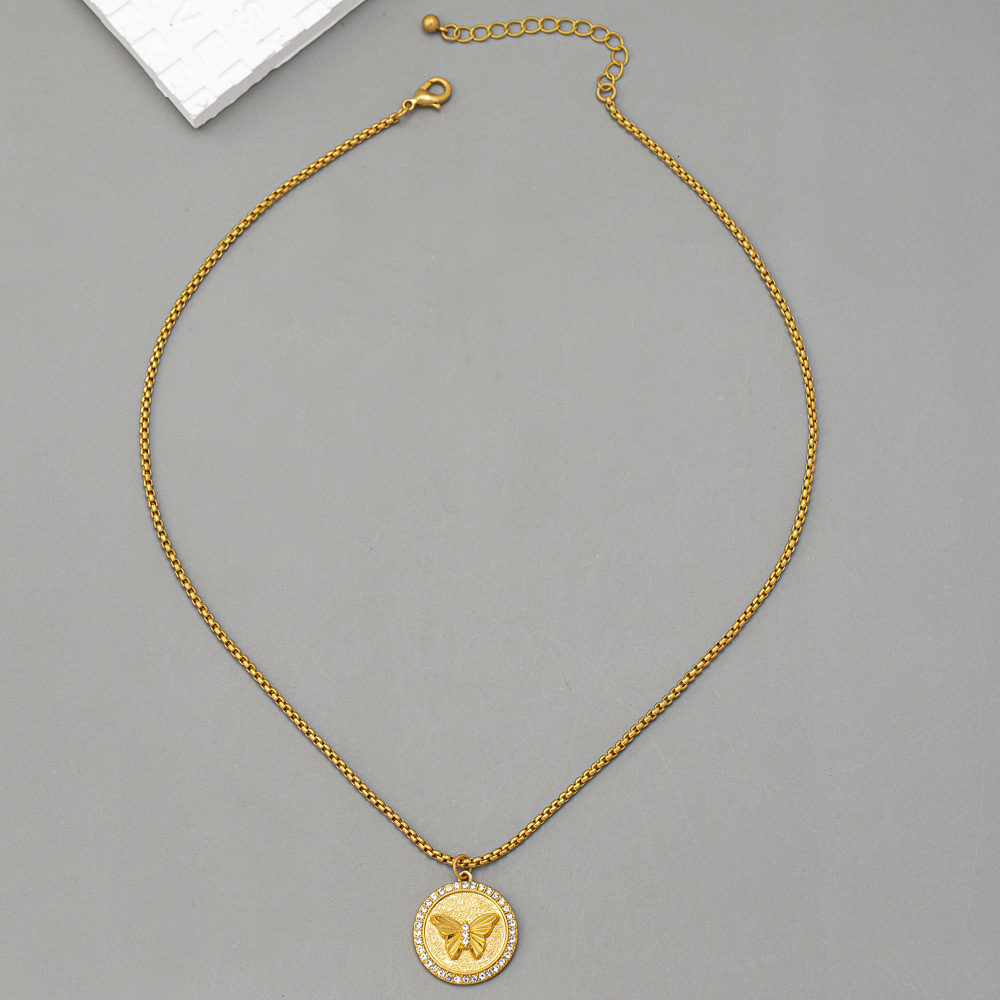 French Vintage Round Brand Butterfly Pendant Brass 18K Gold Plated Necklace Collar For Women
