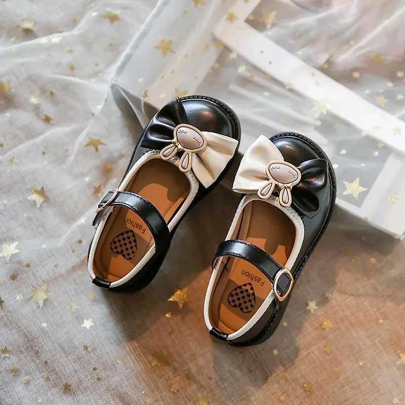 Black Leather Shoes Simple Non-slip Soft Soled Kids Princess Flats Autumn Children Fashion Loafers Cute Cartoon BowT250306