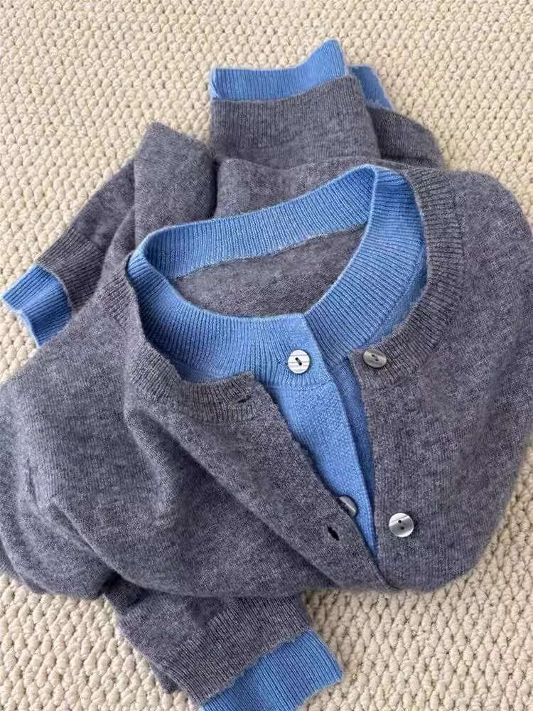 Fake Two 100% Pure Cashmere Sweater Cardigan Dark Grey High-Grade Wool Knit Coat Top