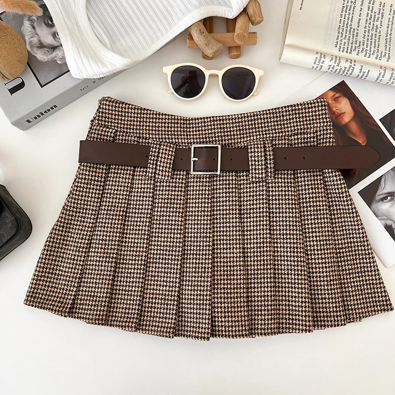 Y2K Low Rise Houndstooth Mini Skirt with Belt Woolen Pleated Mini Skirt Ladies Autumn Winter Outfit 250228