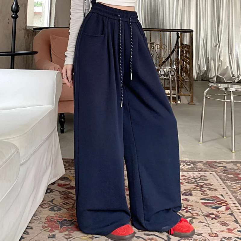 Autumn Women Hip Hop Style Baggy High Waisted Long Pants Lady Versatile Streetwear Solid Color Drawstring Wide Leg Trousers 250306