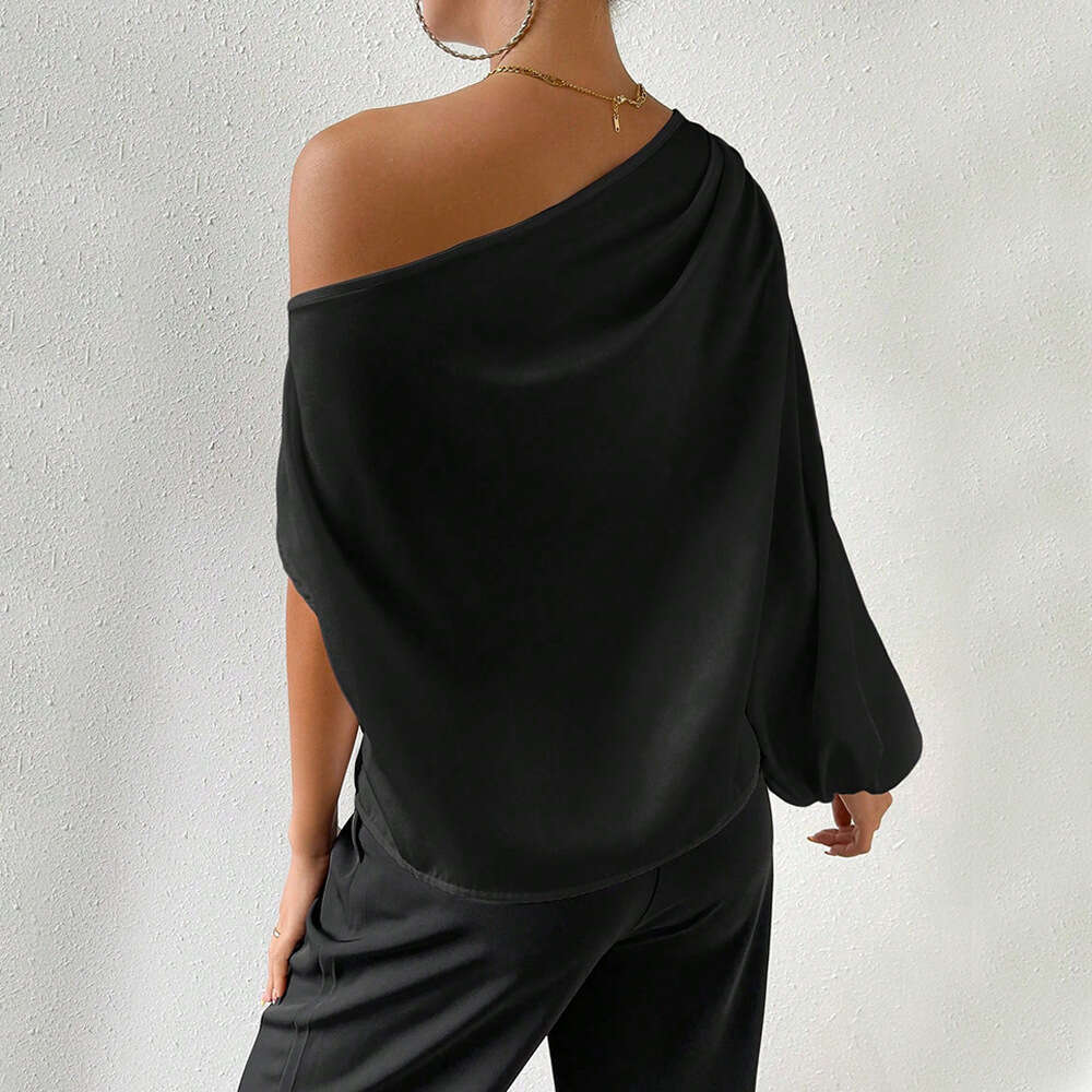Women's Clothing Autumn And Winter Temperament Slanted Long Sleeved Sexy Off Shoulder Loose Neck Design Top KLMY
