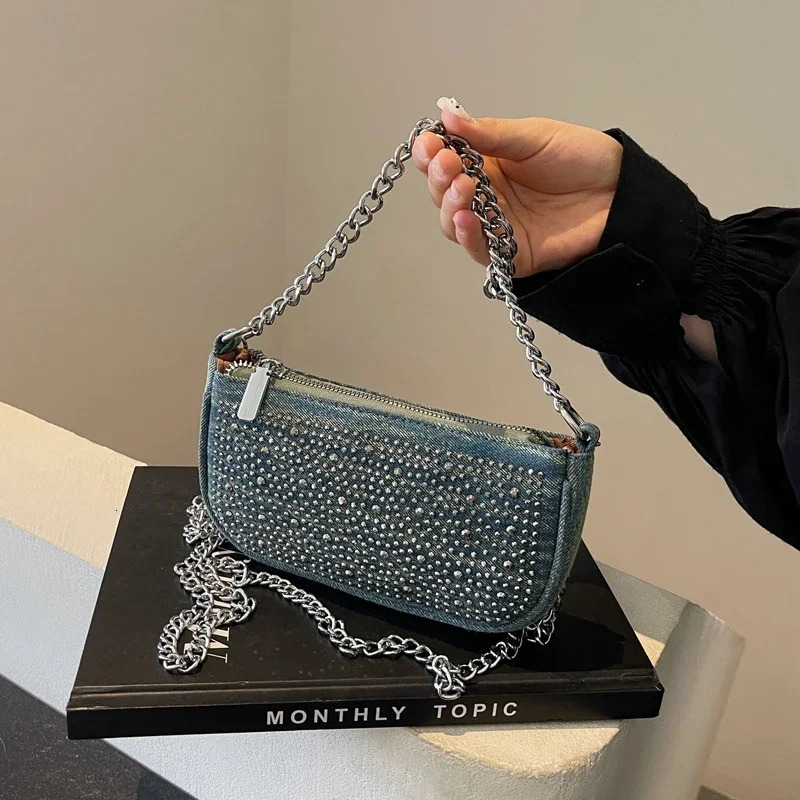 Womens Rivet Denim Crossbody Clutch Bags Versatile Chain Single Shoulder Sequined Handbags Female All-match Zipper Phone Purse 250306