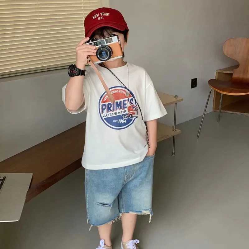 Childrens Round Neck New Temperament Summer T-shirt Five-point Sleeve Simple Trend All-match Korean Style Childrens ClothingT250306