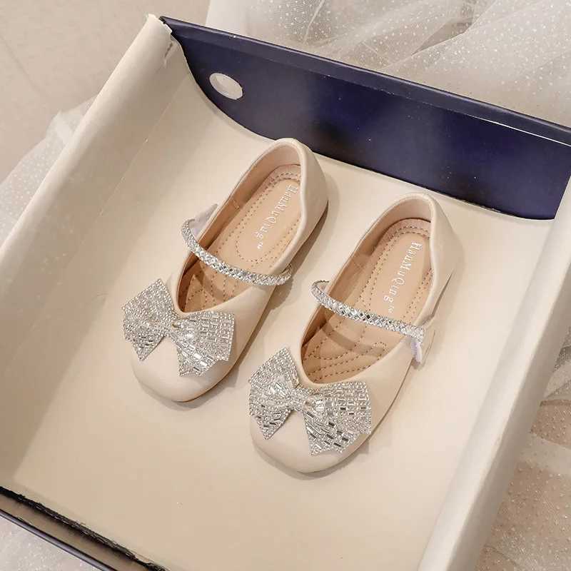 ULKNN Rhinestone Flats For Girls 2025 Summer Princess Kids Single Shoes Childrens Fashion Know Beige Casual Shoes Size 23-36T250306