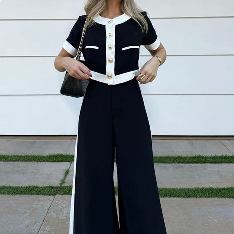 Elegant womens black button fashionable womens short sleeved round neck short sleeved casual straight leg pants set two-piece set 250228