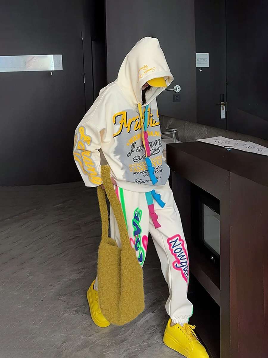 Spring Fashion Casual Sports Suit Graffiti Letters Hooded Sweatshirt Women Slim Loose Sweatpants Complete Set