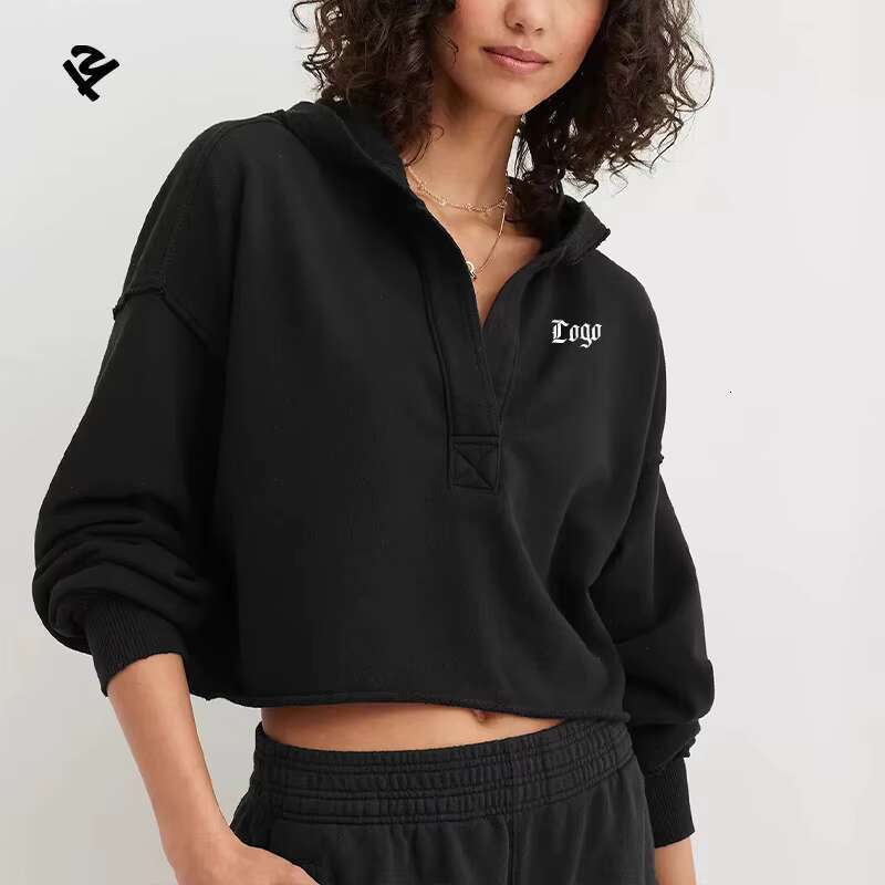 F240598 Womens Hoodie Casual V Neck Hoodies Oversized Pullover Sweatshirt Crop Hooded Tops Fall Outfits Y2k Streetwear Clothes