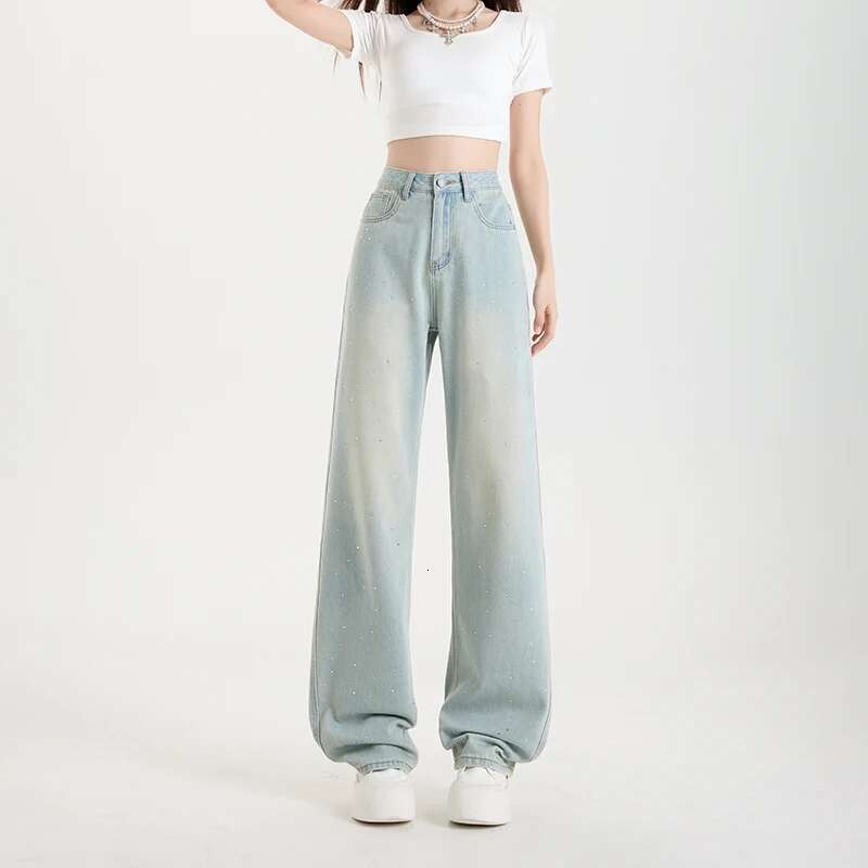 Woman Jeans High Waist Wide Leg Cotton Denim Clothing Dia Design Sense Straight Pants Comfort Casual Trousers Plus Length