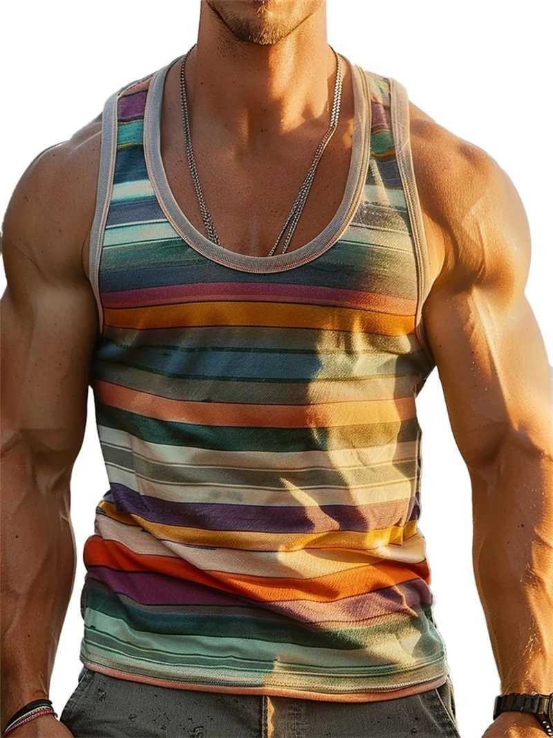 Mens Retro Stripe Graphic Tank Tops Fashion Summer Sleeveless Casual 3D Printed Vest Loose Quick Dry Breathable Tees PulloversT250318