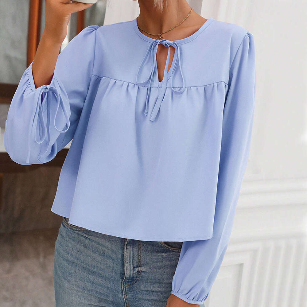 Women's Clothing Autumn And Winter Round Neck Lace Up Bubble Sleeves Loose Casual Temperament Women's Pullover Top KLMY